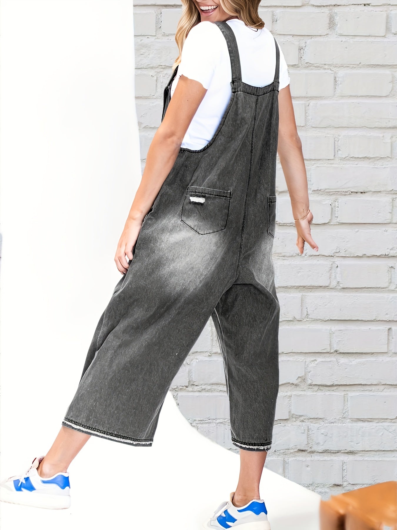 Women's Casual Denim Overalls Loose Adjustable Strap Distressed Bib Jeans Overall Jumpsuits with Pocket