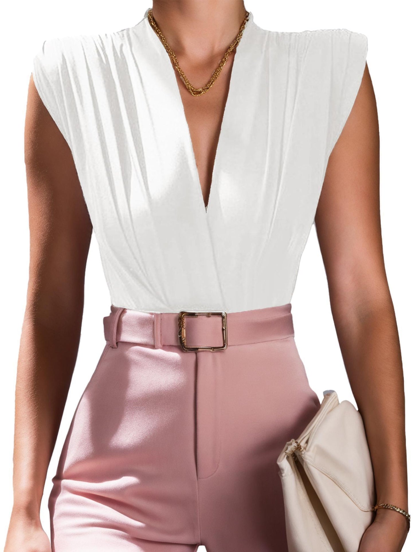 TOOLUCK Women's V-neck Sleeveless Pleated Bodysuit