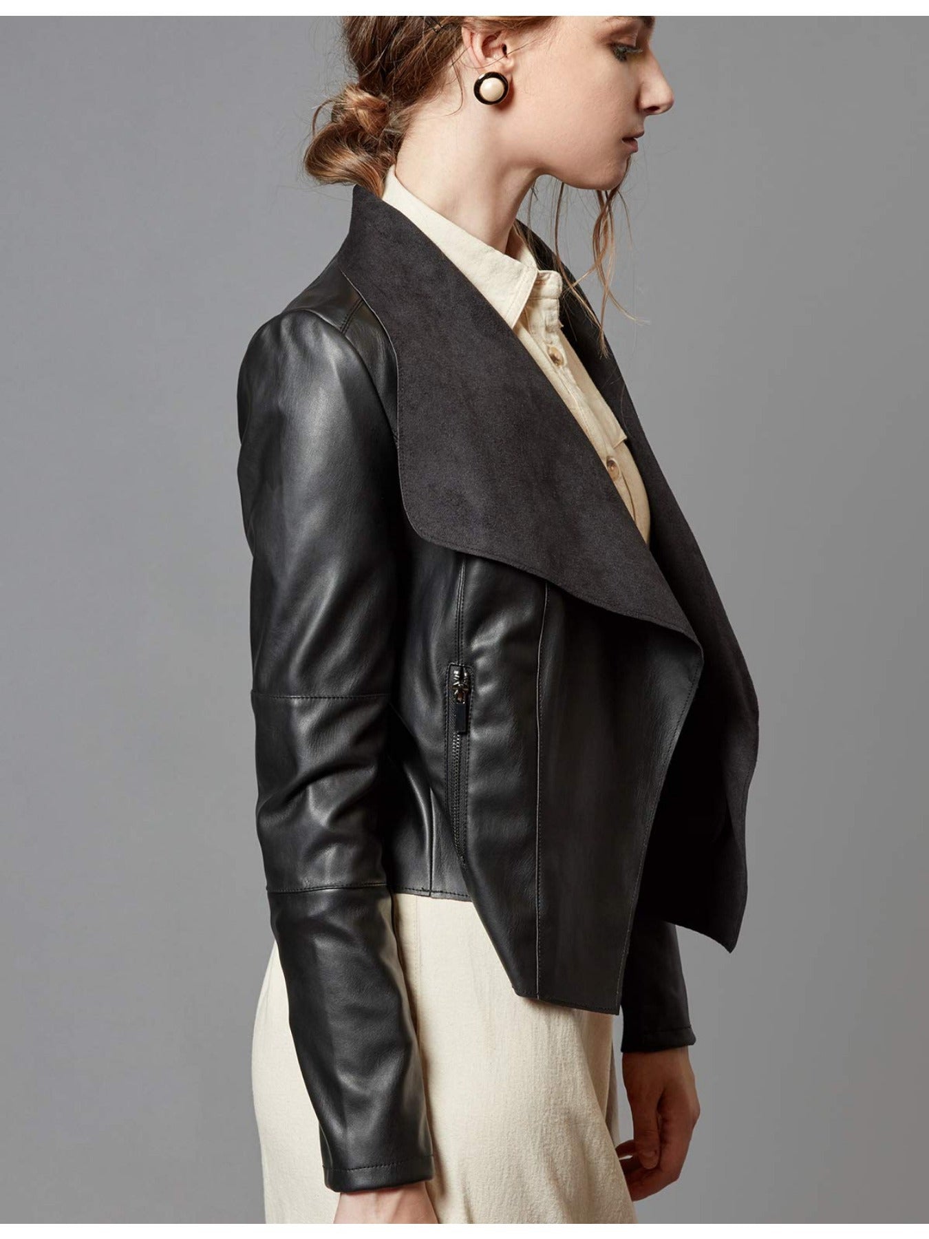 Slim Fit Faux Leather Blazers for Women with an Open Front And Lapel Design