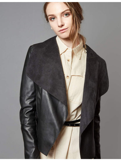 Slim Fit Faux Leather Blazers for Women with an Open Front And Lapel Design