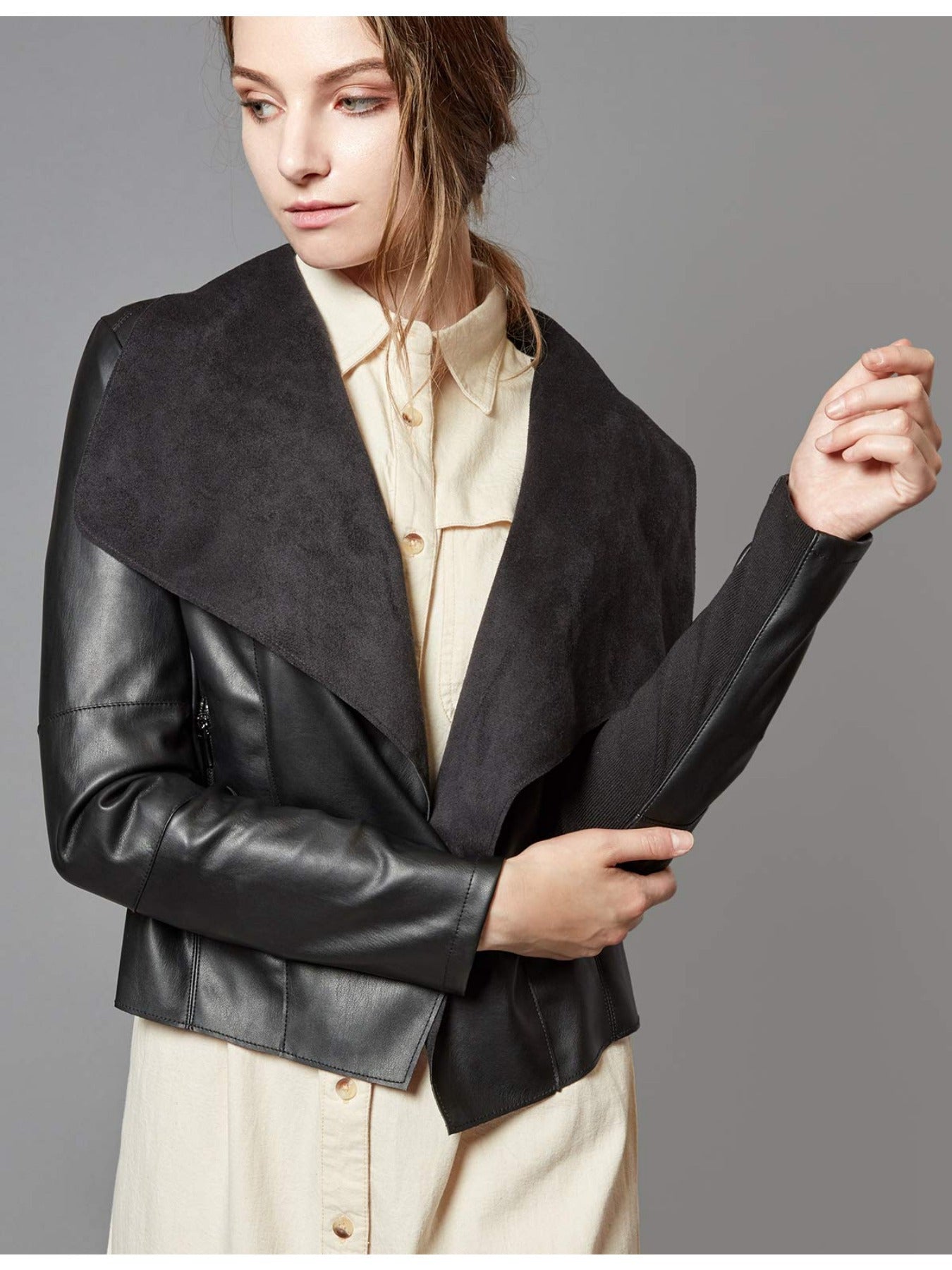 Slim Fit Faux Leather Blazers for Women with an Open Front And Lapel Design