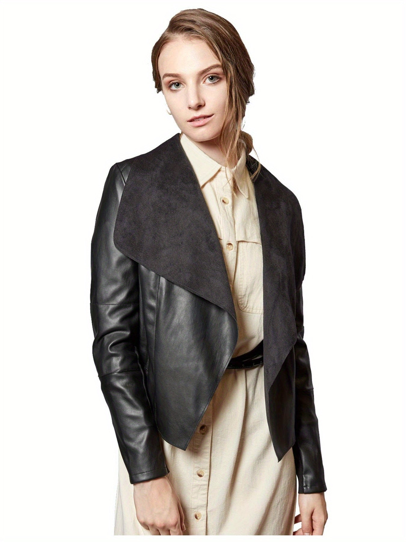 Slim Fit Faux Leather Blazers for Women with an Open Front And Lapel Design