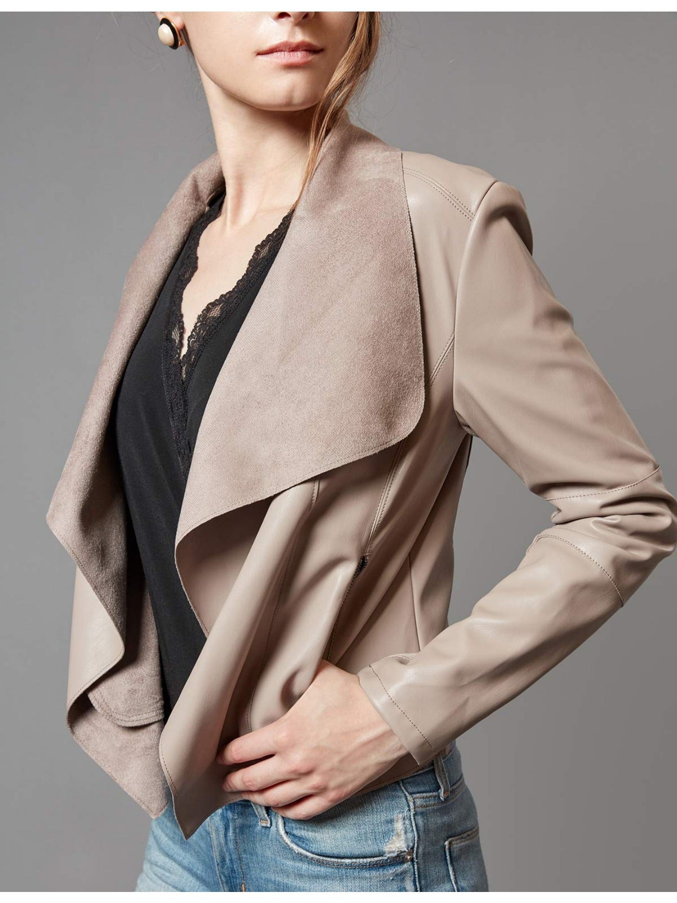 Slim Fit Faux Leather Blazers for Women with an Open Front And Lapel Design