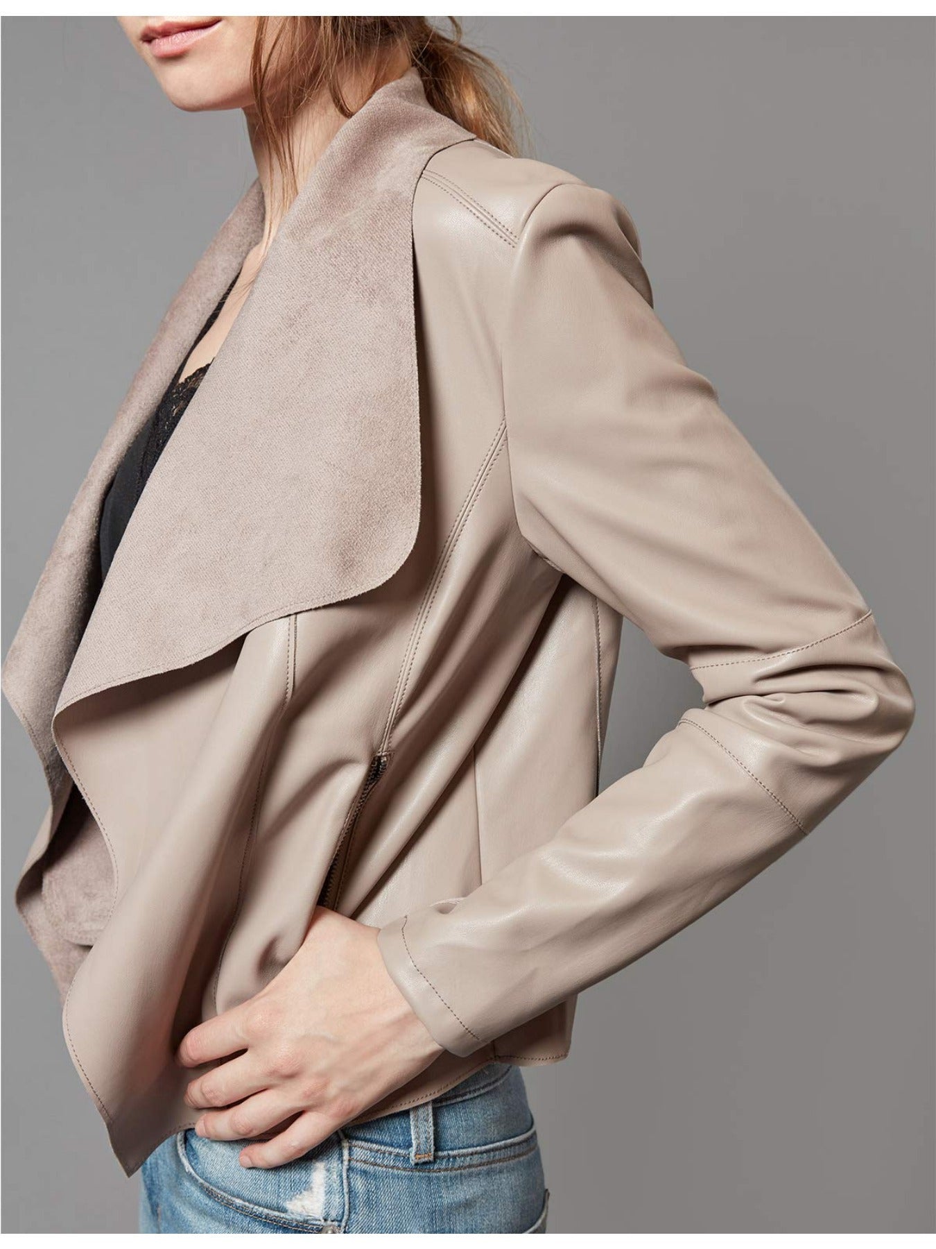 Slim Fit Faux Leather Blazers for Women with an Open Front And Lapel Design
