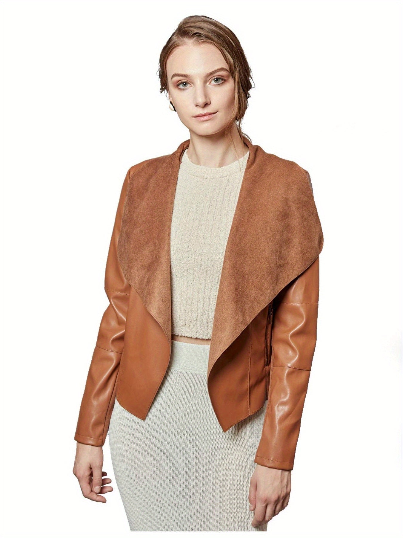 Slim Fit Faux Leather Blazers for Women with an Open Front And Lapel Design