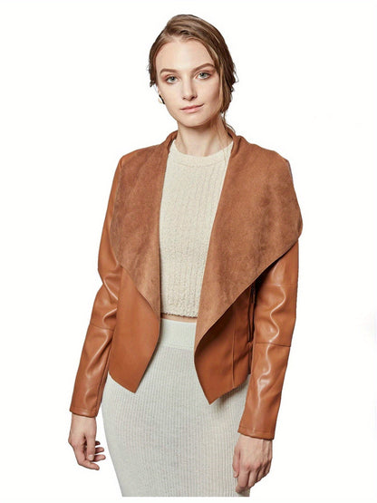 Slim Fit Faux Leather Blazers for Women with an Open Front And Lapel Design