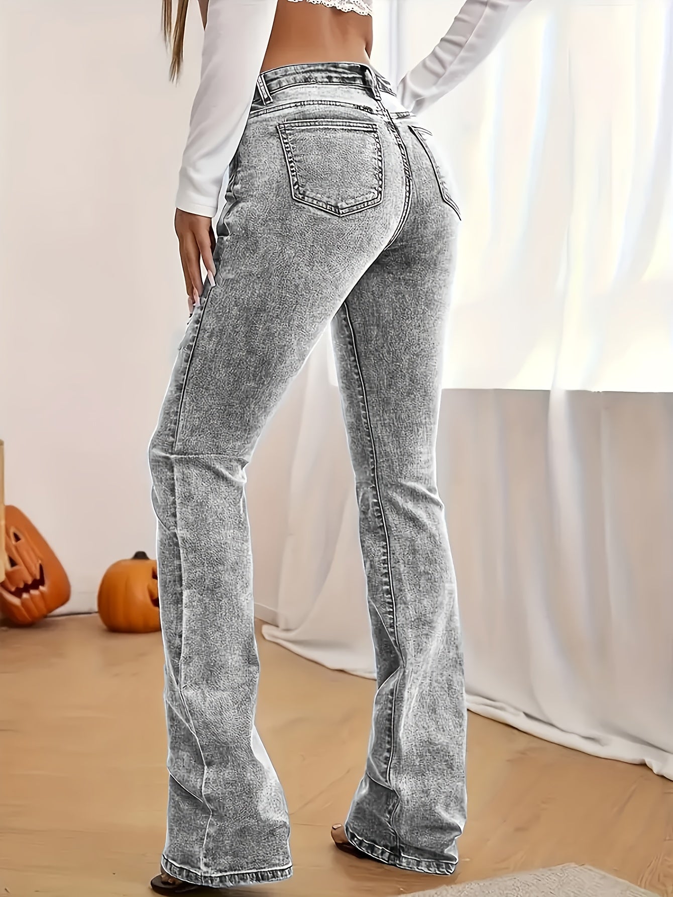 2026 NEW [Long Length Skinny Flare Jeans] Women'S Casual Skinny Flare Jeans, Long Length, Low Waist, Button Fly, Medium Stretch, All Seasons, Solid Color