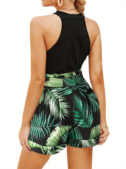 LKwxsai Women Tops Pants Suit, Sleeveless Round Neck Floral Print Vest + High Waist Trousers With Waist Belt