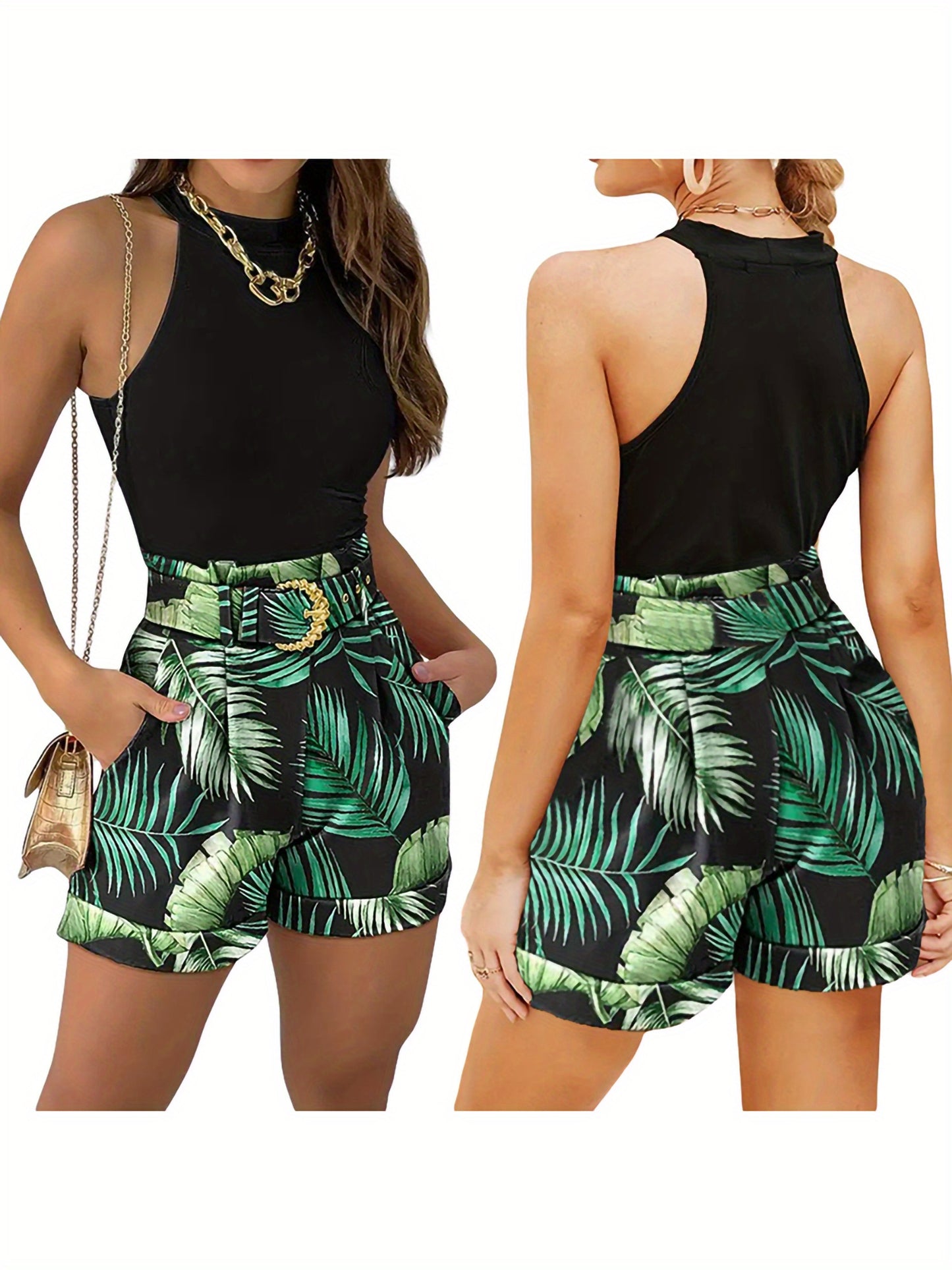 LKwxsai Women Tops Pants Suit, Sleeveless Round Neck Floral Print Vest + High Waist Trousers With Waist Belt