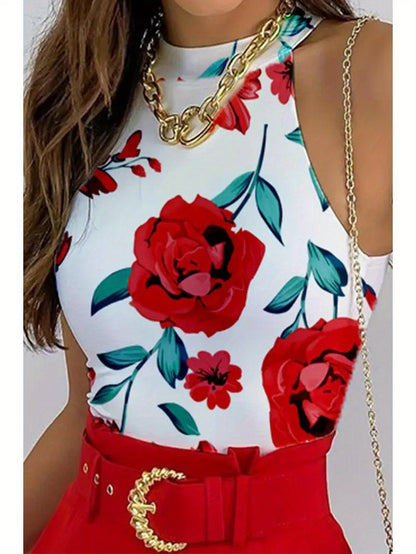 LKwxsai Women Tops Pants Suit, Sleeveless Round Neck Floral Print Vest + High Waist Trousers With Waist Belt
