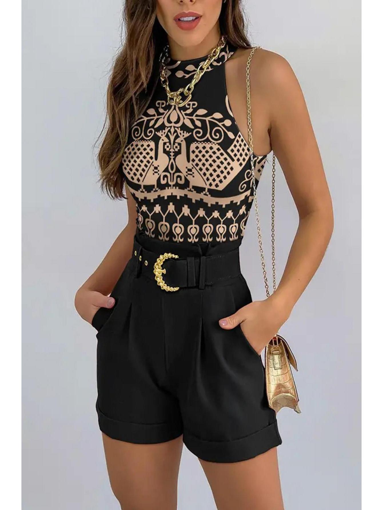 LKwxsai Women Tops Pants Suit, Sleeveless Round Neck Floral Print Vest + High Waist Trousers With Waist Belt