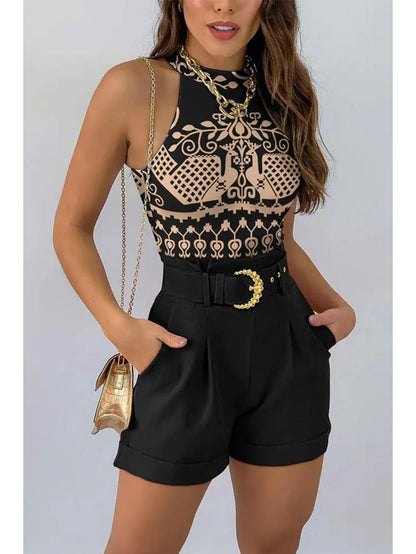 LKwxsai Women Tops Pants Suit, Sleeveless Round Neck Floral Print Vest + High Waist Trousers With Waist Belt