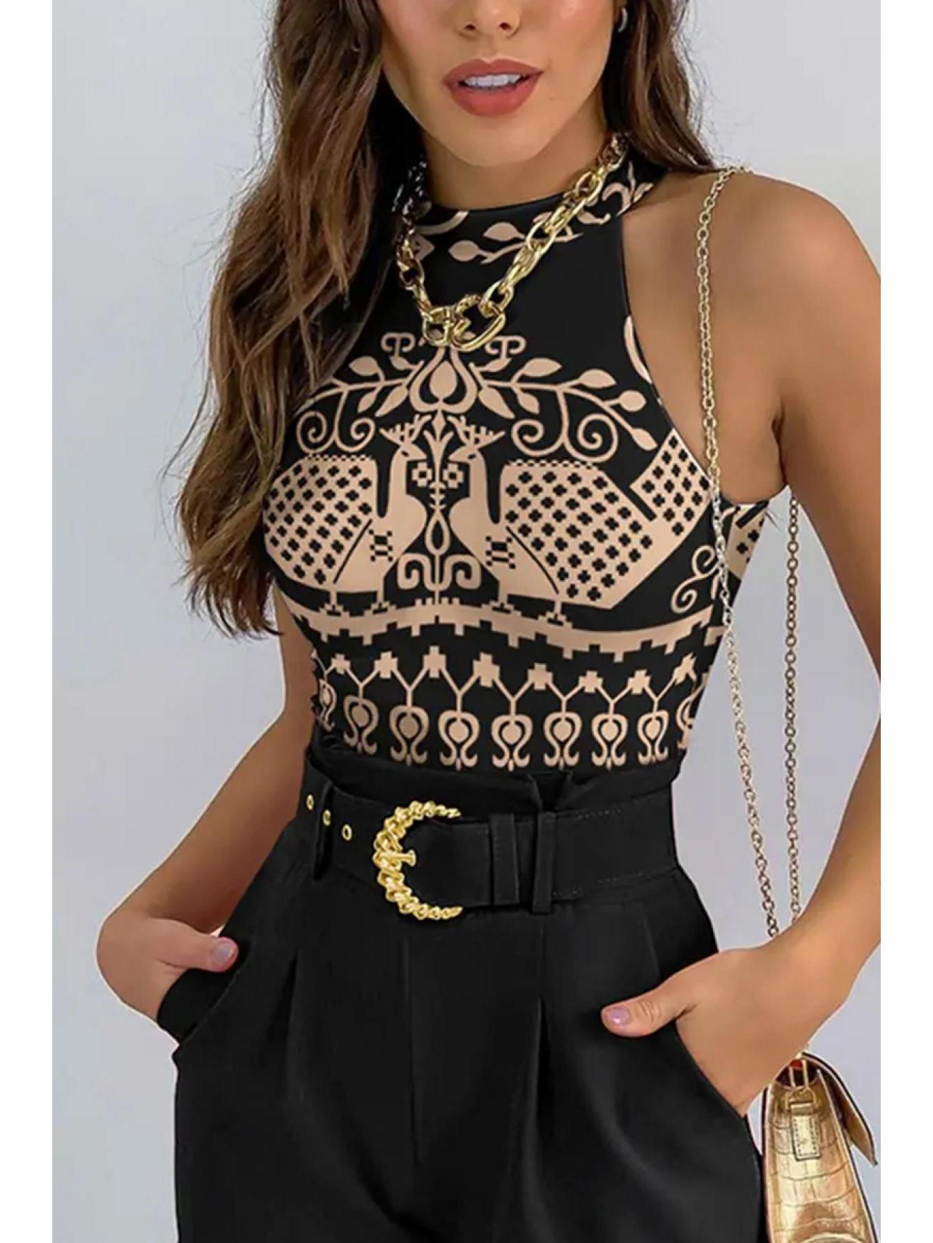 LKwxsai Women Tops Pants Suit, Sleeveless Round Neck Floral Print Vest + High Waist Trousers With Waist Belt