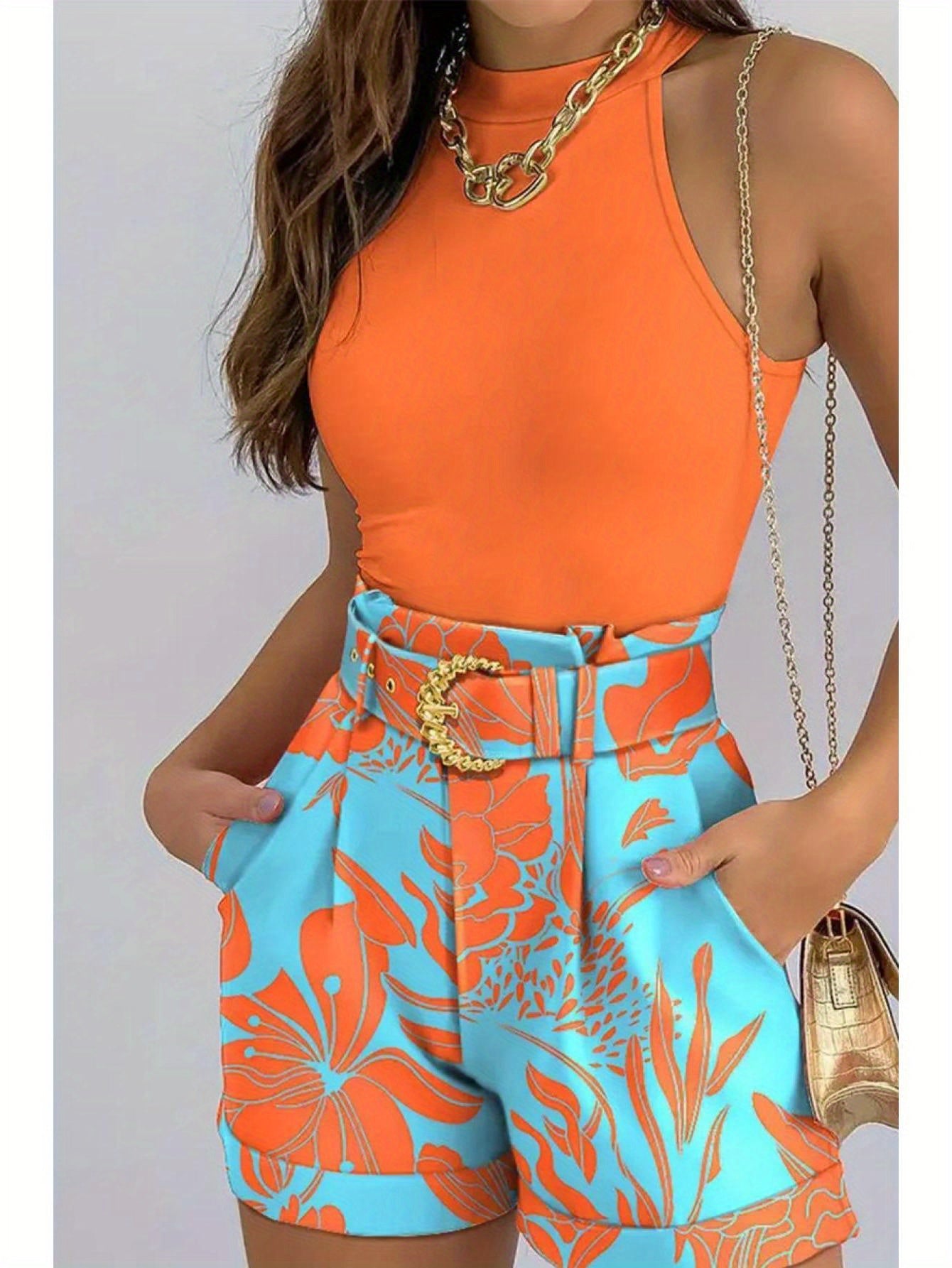 LKwxsai Women Tops Pants Suit, Sleeveless Round Neck Floral Print Vest + High Waist Trousers With Waist Belt