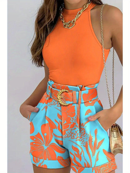 LKwxsai Women Tops Pants Suit, Sleeveless Round Neck Floral Print Vest + High Waist Trousers With Waist Belt