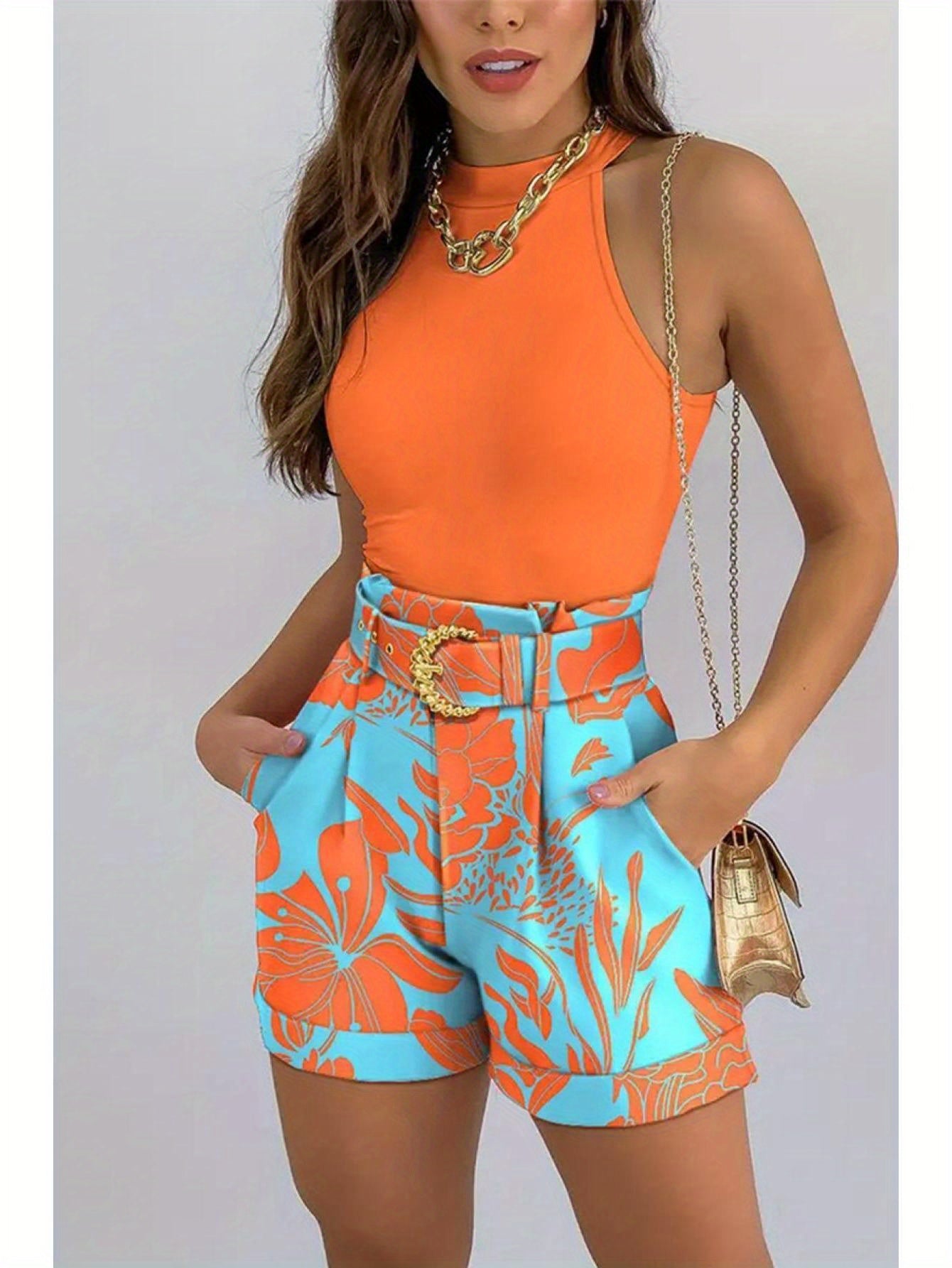 LKwxsai Women Tops Pants Suit, Sleeveless Round Neck Floral Print Vest + High Waist Trousers With Waist Belt