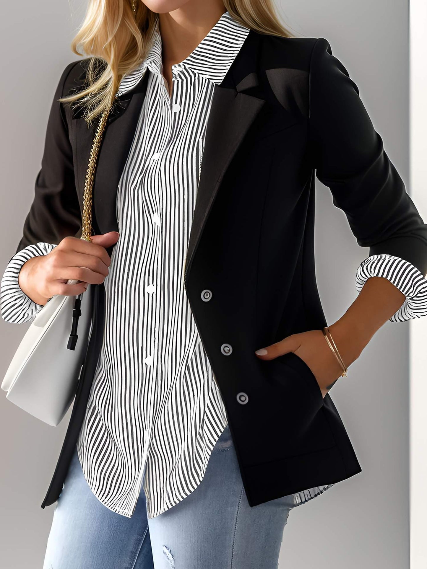 Tooluck Women's Lapel Multi-Color Striped Pocket Office Work Long Sleeve Shirt
