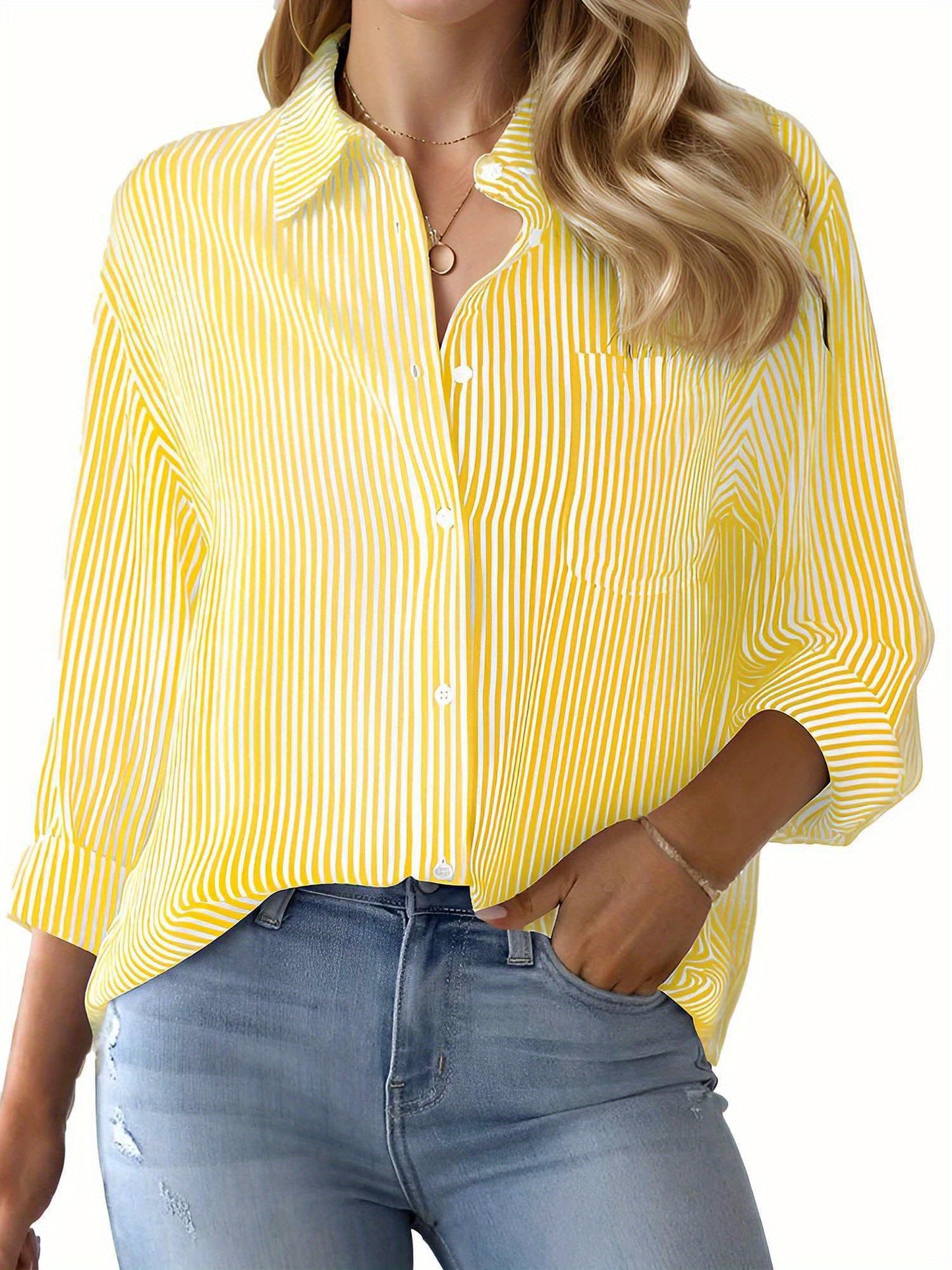 Tooluck Women's Lapel Multi-Color Striped Pocket Office Work Long Sleeve Shirt