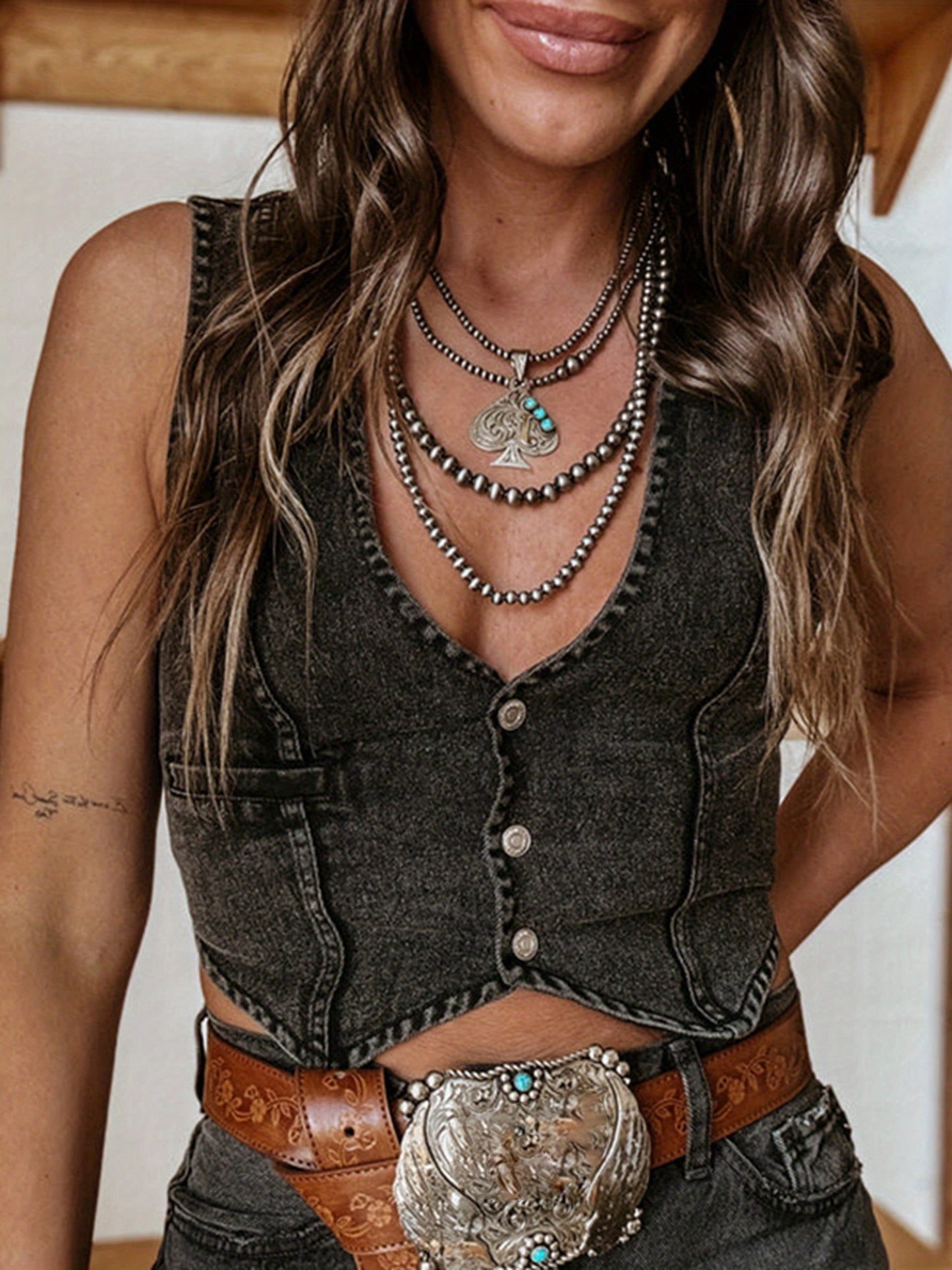 Women's Summer Denim Tank Tops Solid Color Sleeveless V-Neck Button Front Slim Vest Fashion Waistcoat