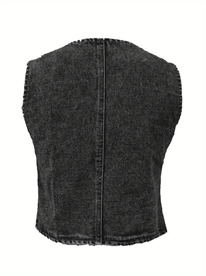 Women's Summer Denim Tank Tops Solid Color Sleeveless V-Neck Button Front Slim Vest Fashion Waistcoat