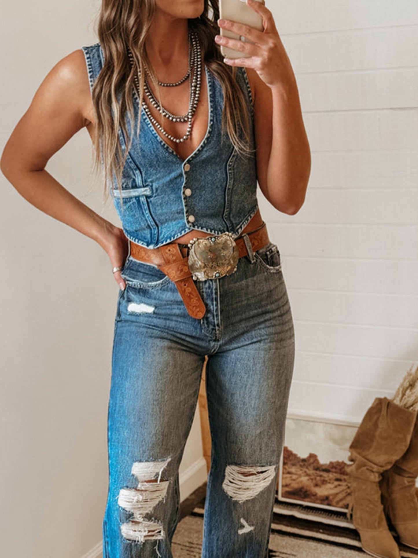 Women's Summer Denim Tank Tops Solid Color Sleeveless V-Neck Button Front Slim Vest Fashion Waistcoat