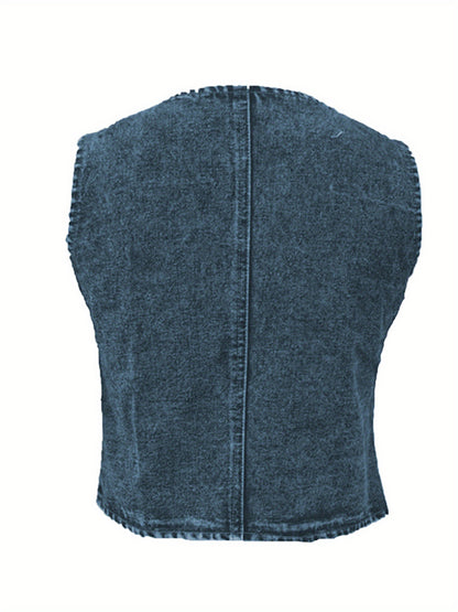 Women's Summer Denim Tank Tops Solid Color Sleeveless V-Neck Button Front Slim Vest Fashion Waistcoat