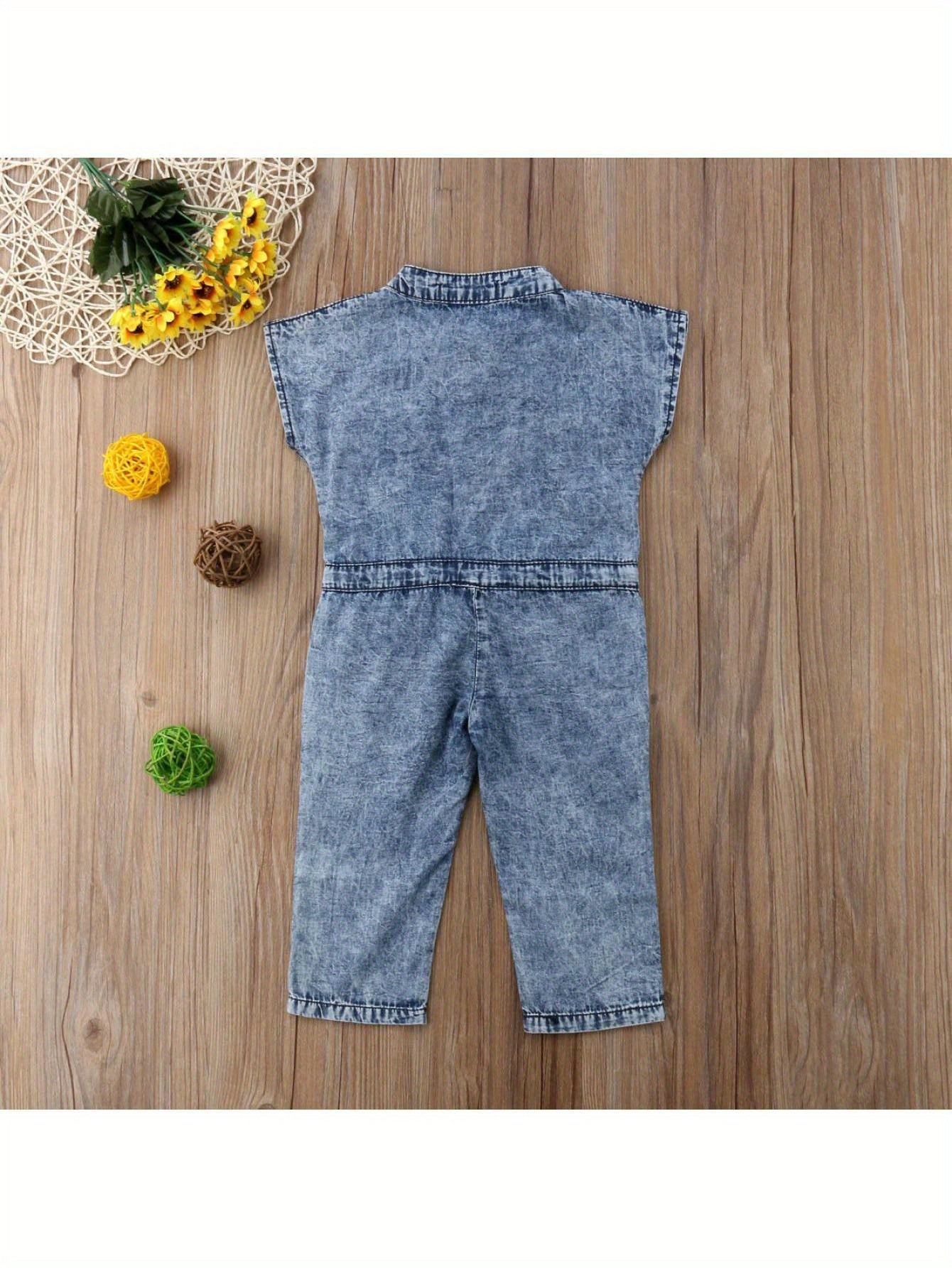 Little Kids Girls Fall Denim Jumpsuit - Sleeveless Folded Collar Button- One-Piece with Chest Pockets Long Pants, Easy Soft Daily Outing Photo Prop Leisure Autumn Clothes, for Outdoor