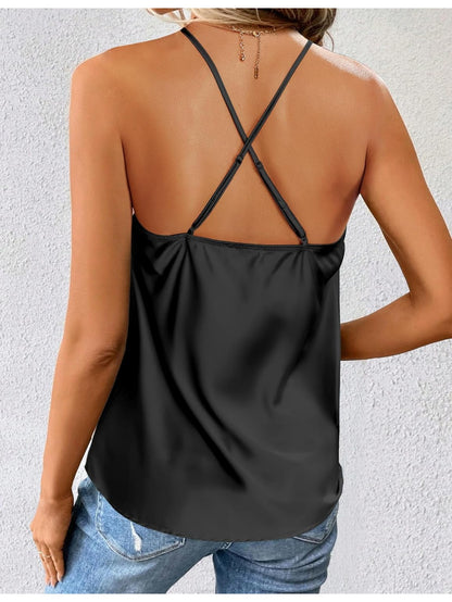 [Chic Satin Camisole] Lightweight Satin Women's Cowl Neck Camisole Tank Top | Sleeveless Spaghetti Strap, Non-See-Through H-Silhouette, Machine Washable Summer Basic for Layering & Casual Attire