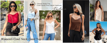 [Chic Satin Camisole] Lightweight Satin Women's Cowl Neck Camisole Tank Top | Sleeveless Spaghetti Strap, Non-See-Through H-Silhouette, Machine Washable Summer Basic for Layering & Casual Attire