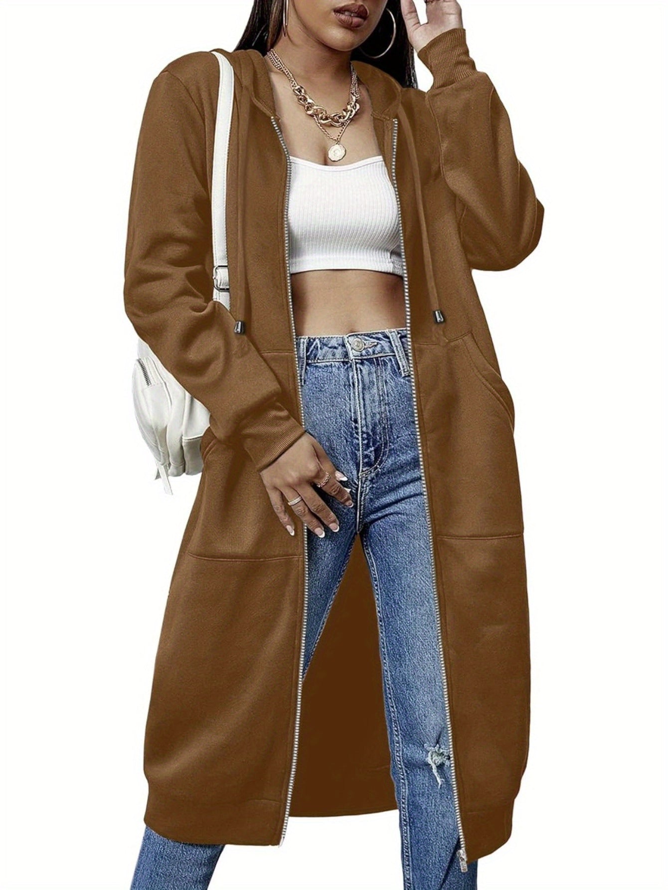 Women Casual Zip Up Fleece Hoodies Tunic Sweatshirt Long Hoodie Jacket