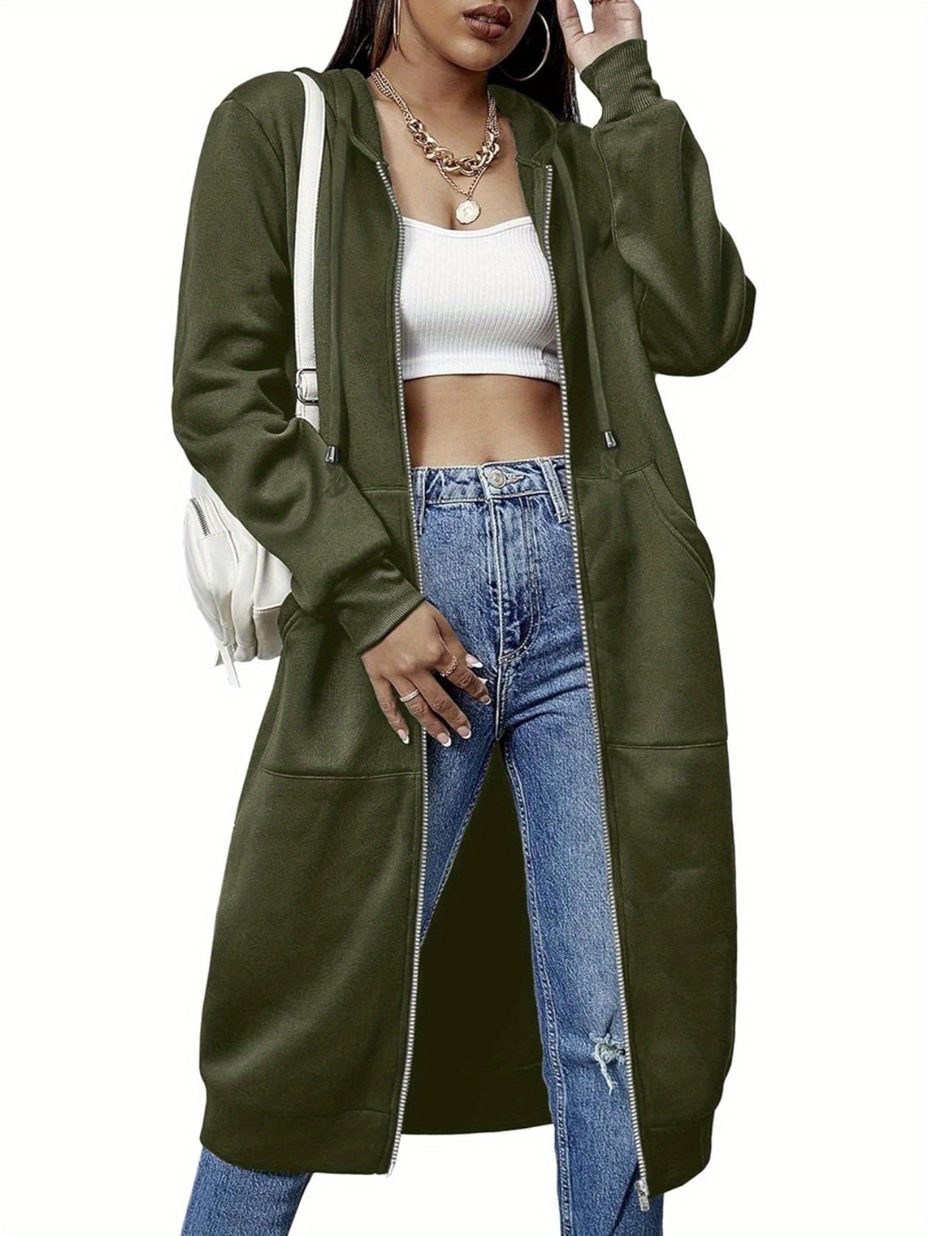 Women Casual Zip Up Fleece Hoodies Tunic Sweatshirt Long Hoodie Jacket