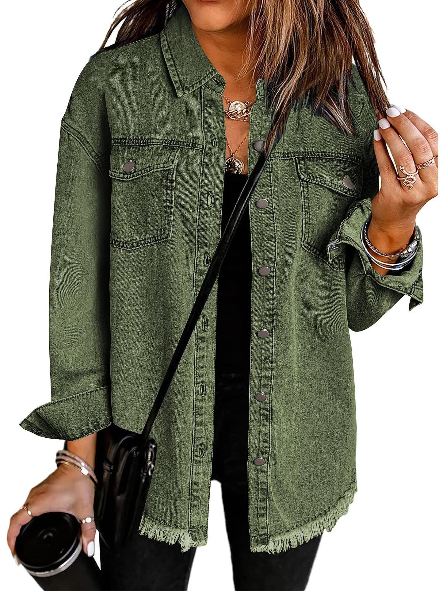 Women 2024 Fashion Ripped Fringe Denim Jean Jacket Casual Long Sleeve Pockets Jackets Coat