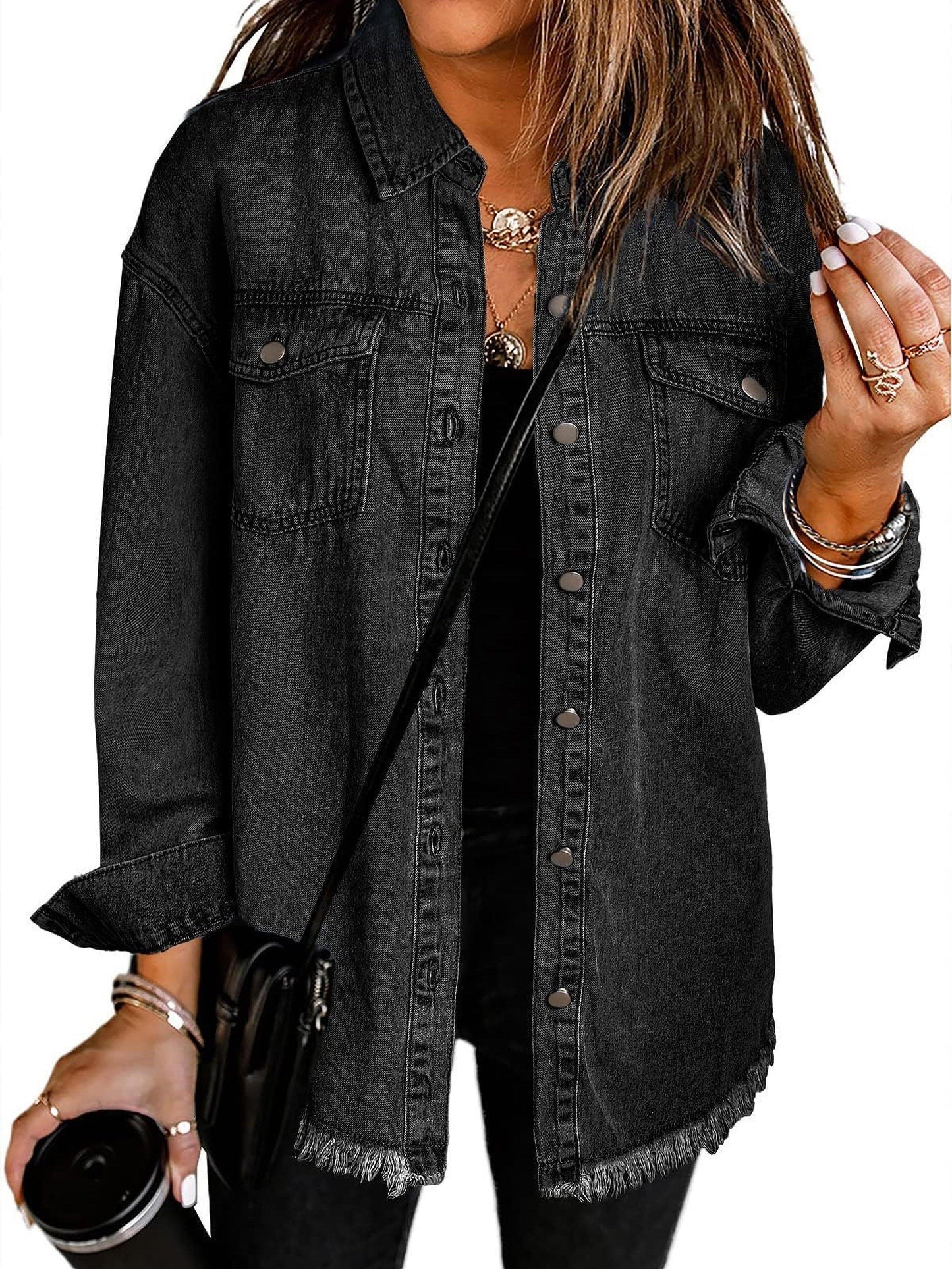 Women 2024 Fashion Ripped Fringe Denim Jean Jacket Casual Long Sleeve Pockets Jackets Coat