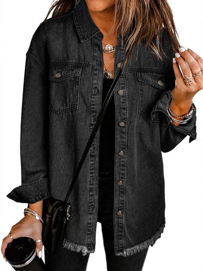 Women 2024 Fashion Ripped Fringe Denim Jean Jacket Casual Long Sleeve Pockets Jackets Coat