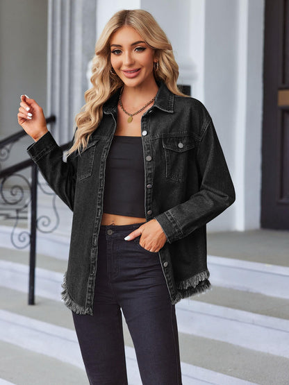 Women 2024 Fashion Ripped Fringe Denim Jean Jacket Casual Long Sleeve Pockets Jackets Coat
