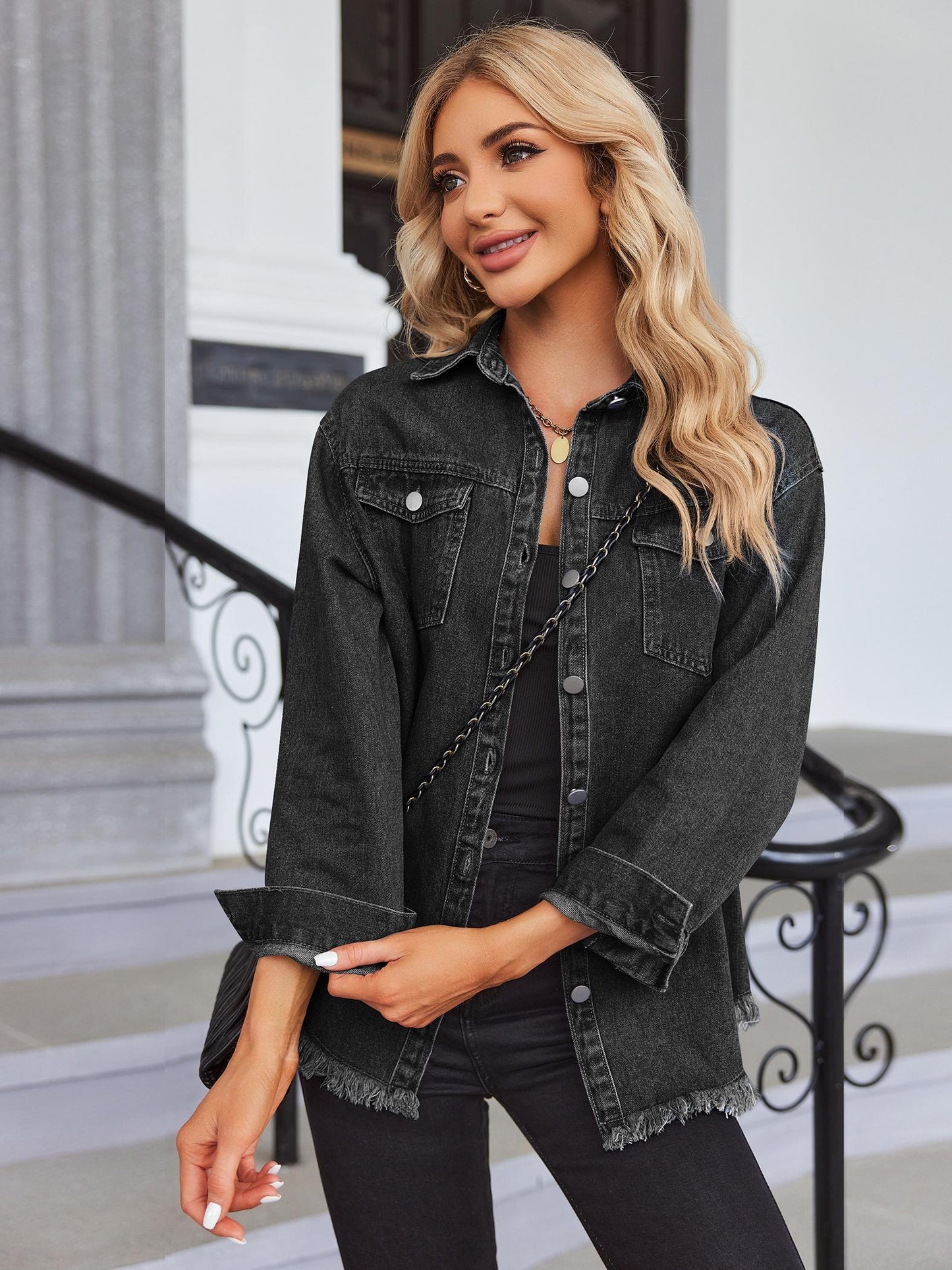 Women 2024 Fashion Ripped Fringe Denim Jean Jacket Casual Long Sleeve Pockets Jackets Coat