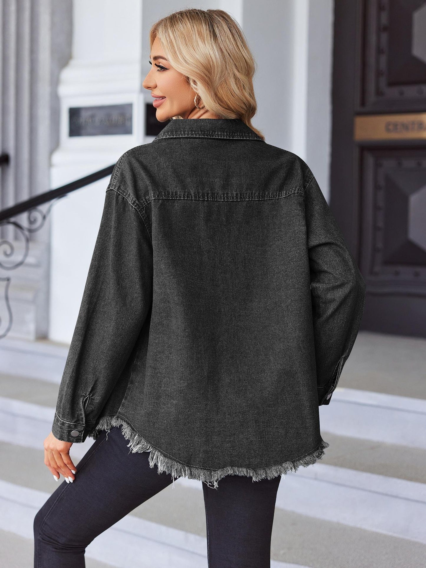 Women 2024 Fashion Ripped Fringe Denim Jean Jacket Casual Long Sleeve Pockets Jackets Coat