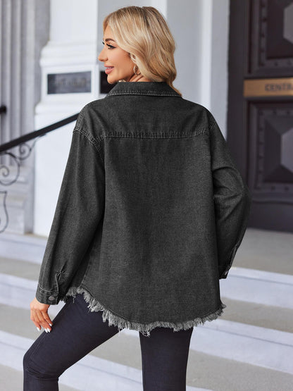 Women 2024 Fashion Ripped Fringe Denim Jean Jacket Casual Long Sleeve Pockets Jackets Coat
