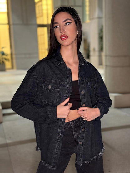 Women 2024 Fashion Ripped Fringe Denim Jean Jacket Casual Long Sleeve Pockets Jackets Coat