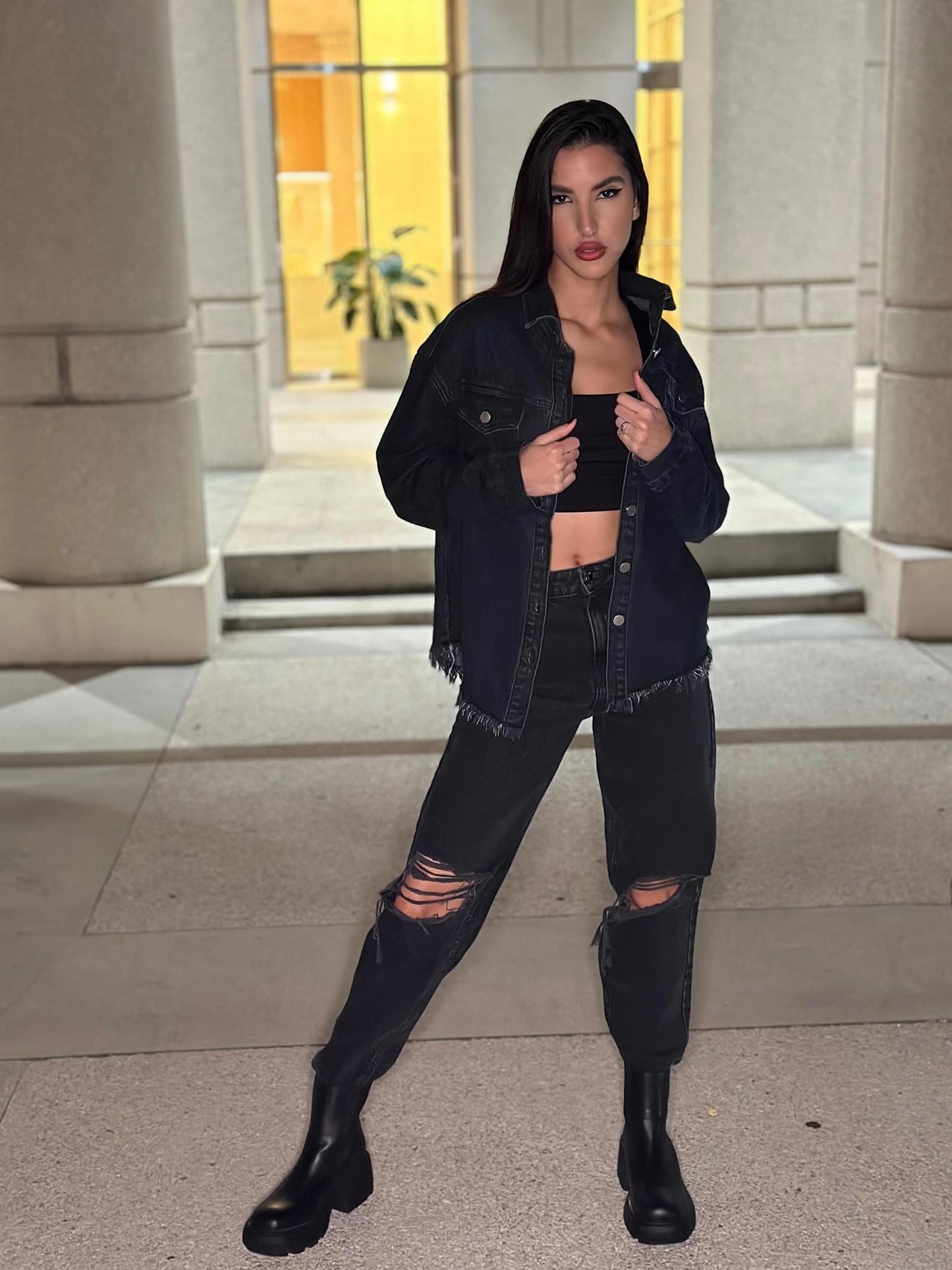 Women 2024 Fashion Ripped Fringe Denim Jean Jacket Casual Long Sleeve Pockets Jackets Coat