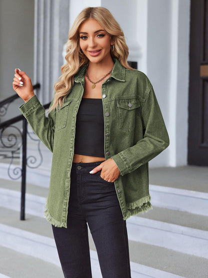 Women 2024 Fashion Ripped Fringe Denim Jean Jacket Casual Long Sleeve Pockets Jackets Coat