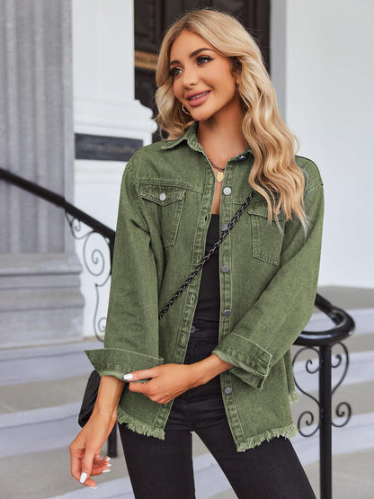Women 2024 Fashion Ripped Fringe Denim Jean Jacket Casual Long Sleeve Pockets Jackets Coat