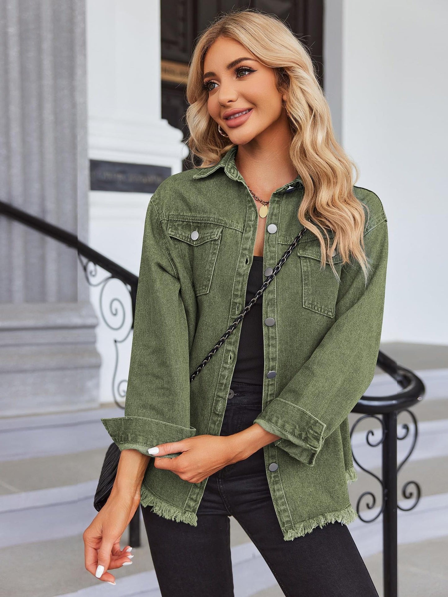 Women 2024 Fashion Ripped Fringe Denim Jean Jacket Casual Long Sleeve Pockets Jackets Coat