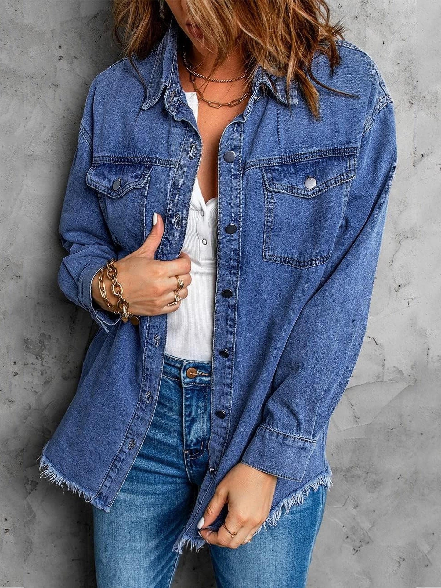 Women 2024 Fashion Ripped Fringe Denim Jean Jacket Casual Long Sleeve Pockets Jackets Coat