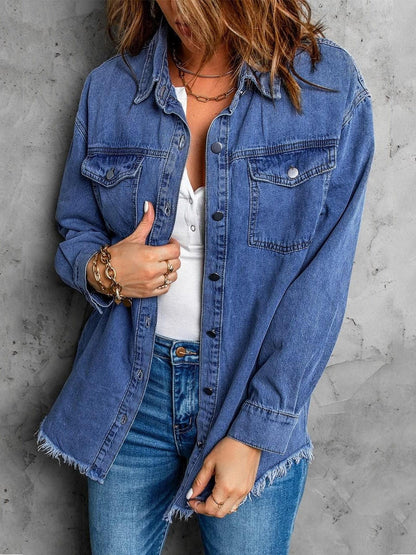Women 2024 Fashion Ripped Fringe Denim Jean Jacket Casual Long Sleeve Pockets Jackets Coat