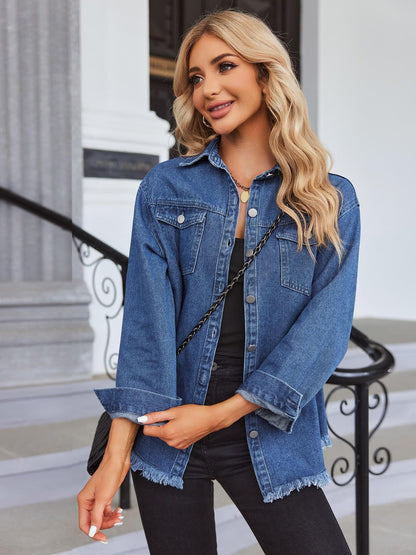 Women 2024 Fashion Ripped Fringe Denim Jean Jacket Casual Long Sleeve Pockets Jackets Coat