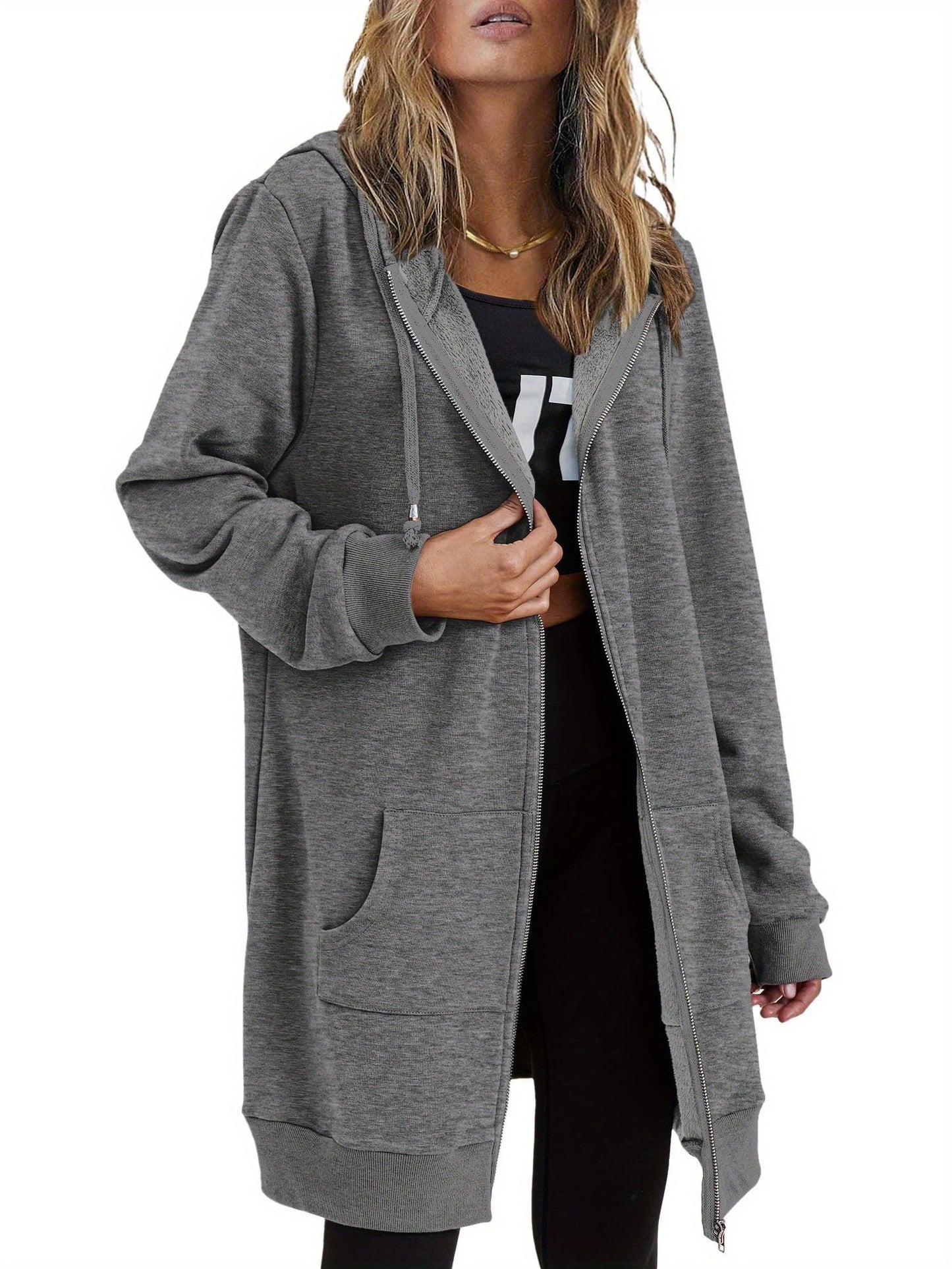 Women'S Zip Up Hoodies Long Sleeve Fall Tunic Hooded Sweatshirt Oversized Fleece Jacket with Pockets Fall Coats