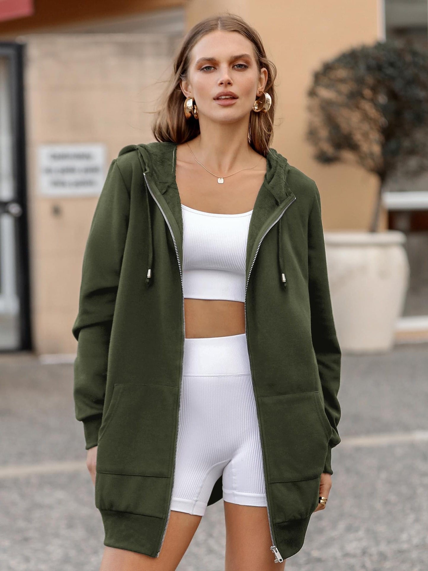 Women'S Zip Up Hoodies Long Sleeve Fall Tunic Hooded Sweatshirt Oversized Fleece Jacket with Pockets Fall Coats