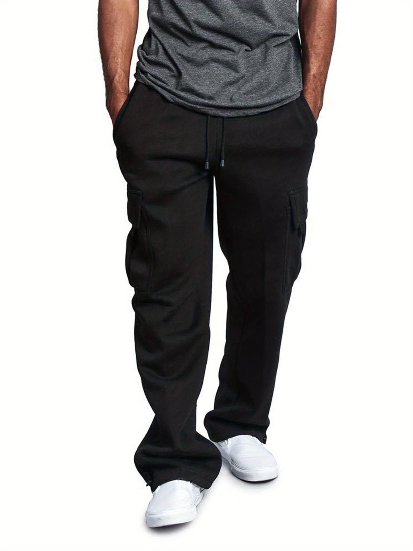 Men Solid Color Sweatpants, Adults Casual Style Cargo Pants with Pockets Drawstring