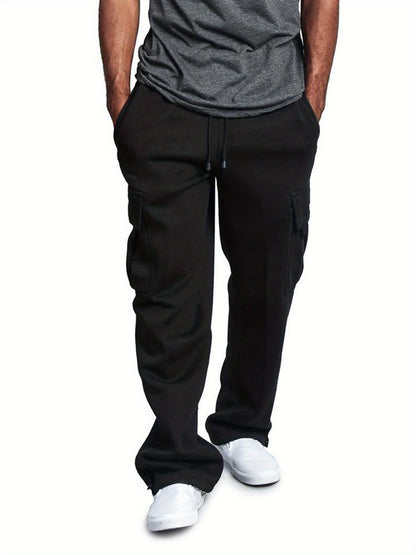 Men Solid Color Sweatpants, Adults Casual Style Cargo Pants with Pockets Drawstring